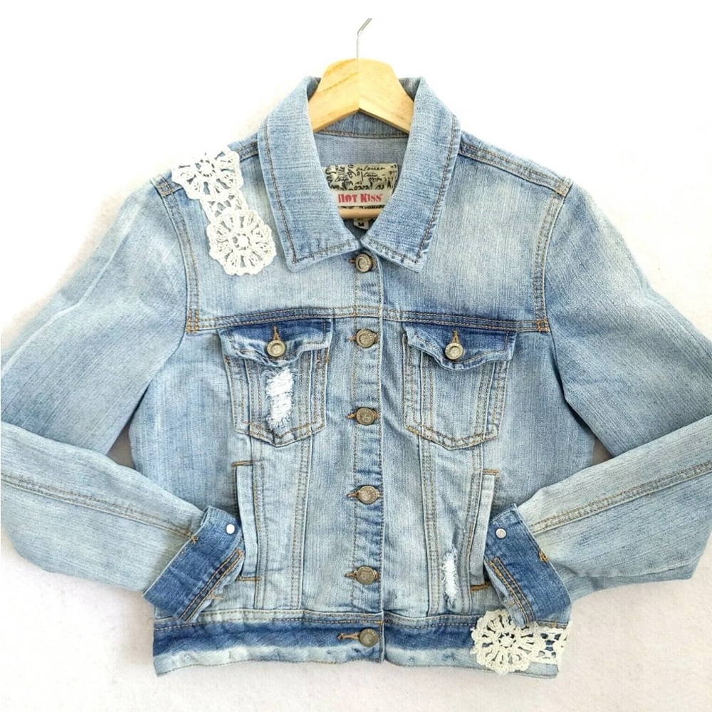 Hot Kiss Blue Denim Jean Jacket Lace Accents Juniors Medium